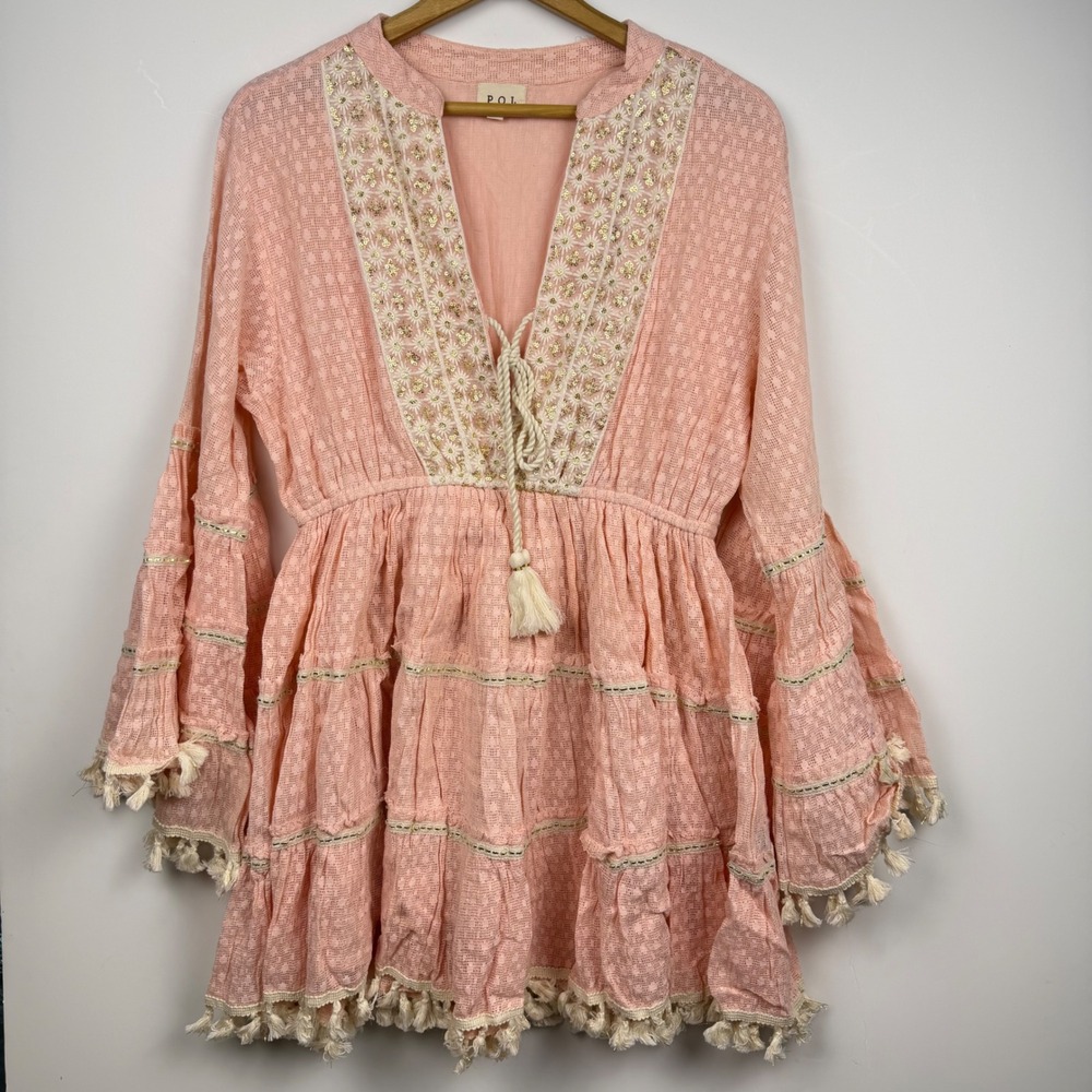 POL Boho Pink Tiered Mini Dress Sequin Floral Embroidery Tassel Bell Sleeve M